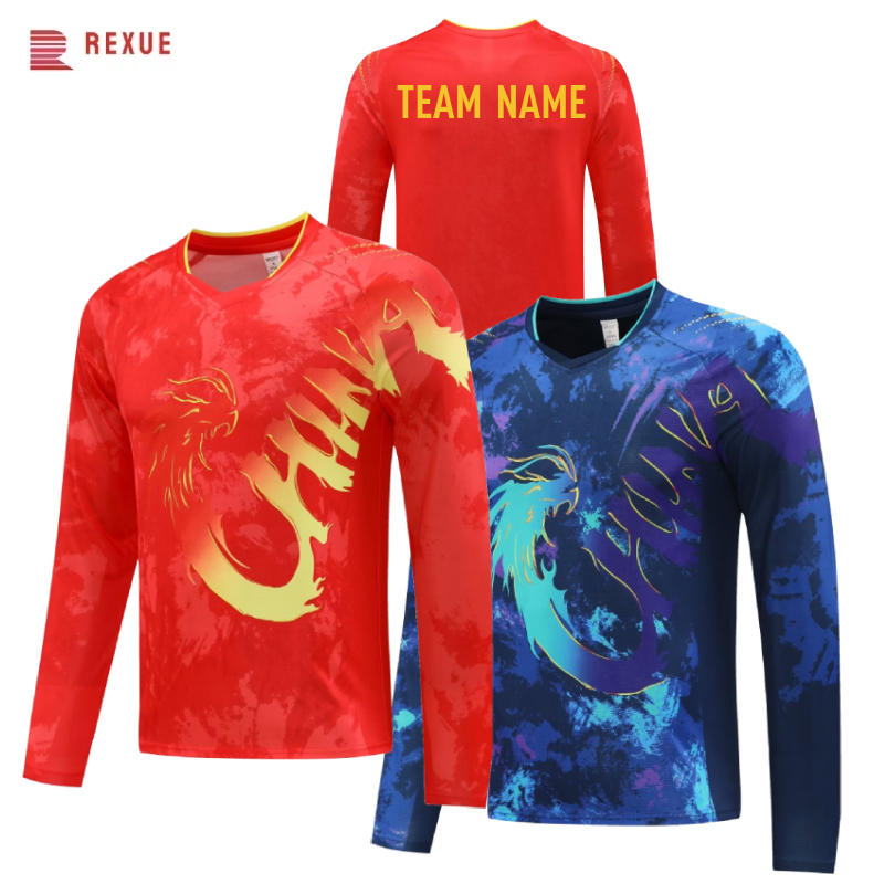 Table Tennis In Chinese - China Dragon แขนยาวตารางเทนนิสเสื้อ 2024 สีแดงสีฟ้าจีนทีมแบดมินตัน Jersey